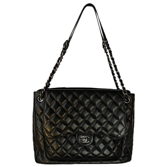 Chanel Lambskin Quilted Front Flap Tote Handbag Black - Picture 1 of 15